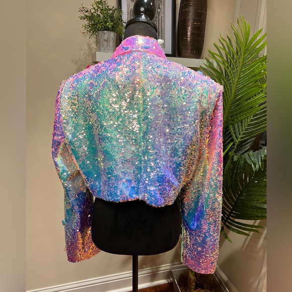 Nasty Gal Premium Floral Embellished Pink Iridescent Sequin Cropped Blazer 12 - Picture 15 of 16